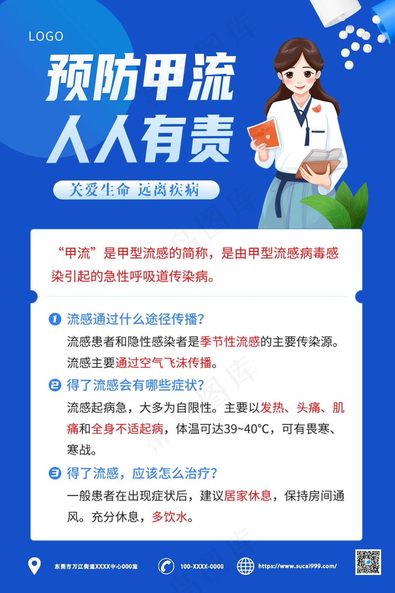 蓝色卡通预防甲流海报