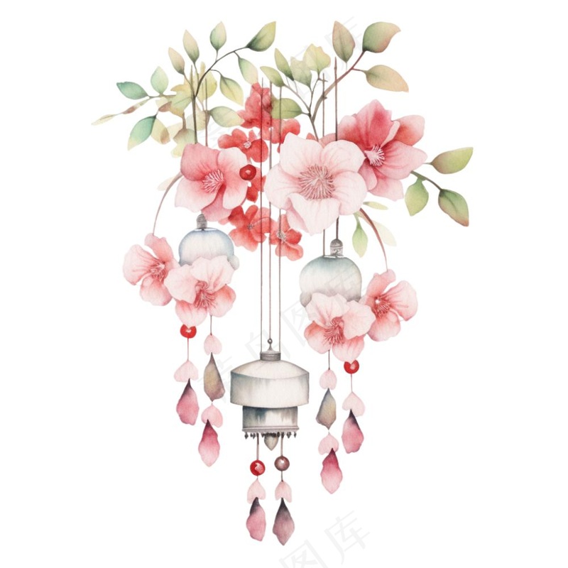 风铃植物鲜花卡通水彩插画免抠(1024x1024)