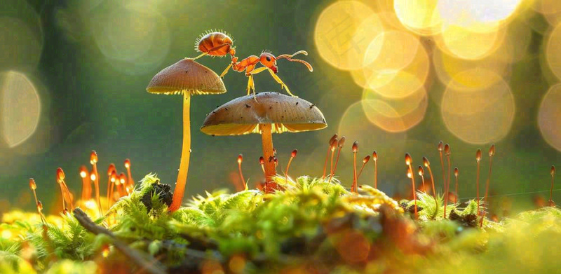 阳光下的蚂蚁蘑菇菌类阳光春天惊蛰春分摄影图(1568x768)