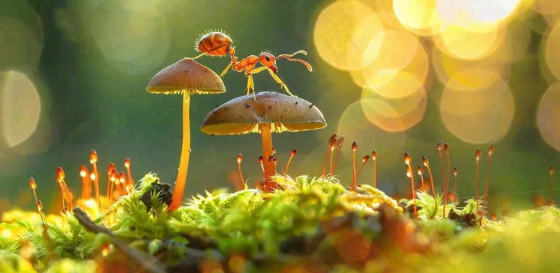 阳光下的蚂蚁蘑菇菌类阳光春天惊蛰春分摄影图(1568x768)