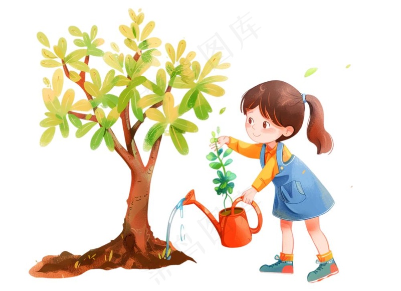 植树节学生们植树浇水爱护环境卡通插画免抠(1280x928)