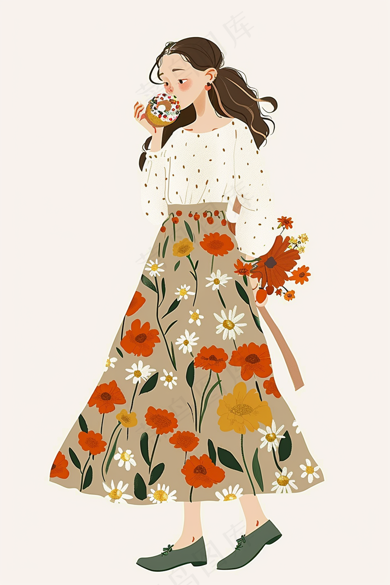 吃甜甜圈的少女花裙鲜花插画背景(2688x4032)