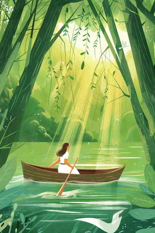 绿色森林少女划船春光波光闪烁春分插画卡通手绘处暑