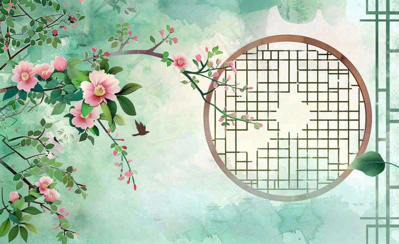 古风工笔画插画海棠樱花花鸟植物立春春天山水风景水彩背景(1408x864)