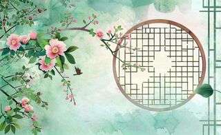 古风工笔画插画海棠樱花花鸟植物立春春天山水风景水彩背景