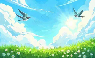 春天绿色草地草丛蓝天白云立春春分惊蛰节气卡通插画背景