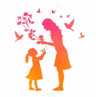 母亲节送花女儿给妈妈剪影亲情人物插画免抠