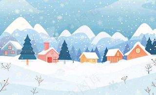 立冬冬至雪山森林山脚下的小镇白雪卡通插画背景