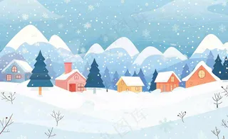 立冬冬至雪山森林山脚下的小镇白雪卡通插画背景