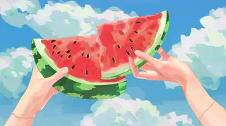 夏日西瓜手拿西瓜蓝天白云油画插画背景