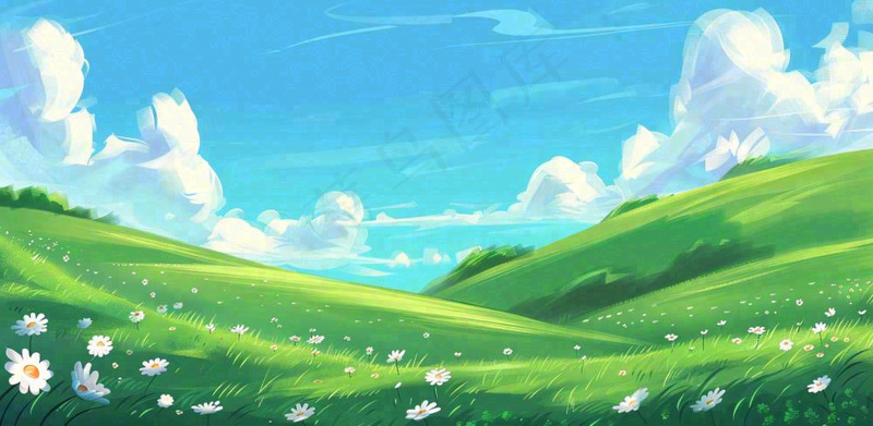 立春 春天背景立春 春天插画春天唯美天空蓝天白云草地手绘风景插画背景(1568x768)