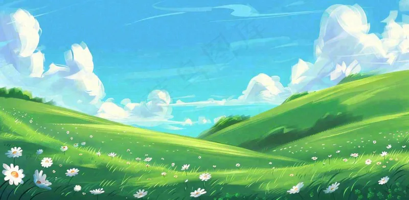 立春 春天背景立春 春天插画春天唯美天空蓝天白云草地手绘风景插画背景(1568x768)