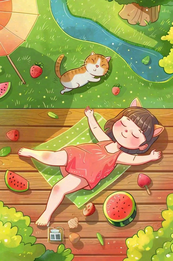 夏季乘凉吃西瓜场景女孩躺着庭院大暑小暑插画炎热插画背后(896x1344)