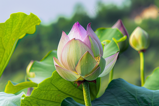 夏日荷花荷叶摄影图