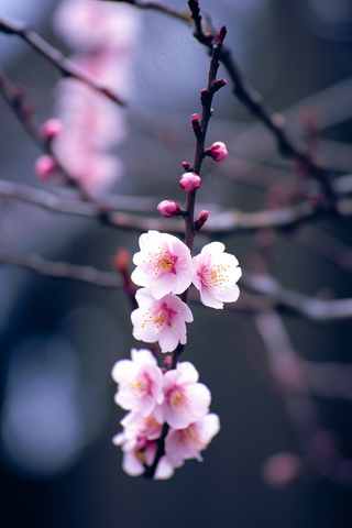 粉梅花春天桃花樱花树枝抽新芽摄影图
