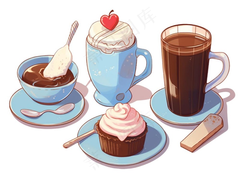咖啡拿铁甜点下午茶水彩画手绘插画免抠
