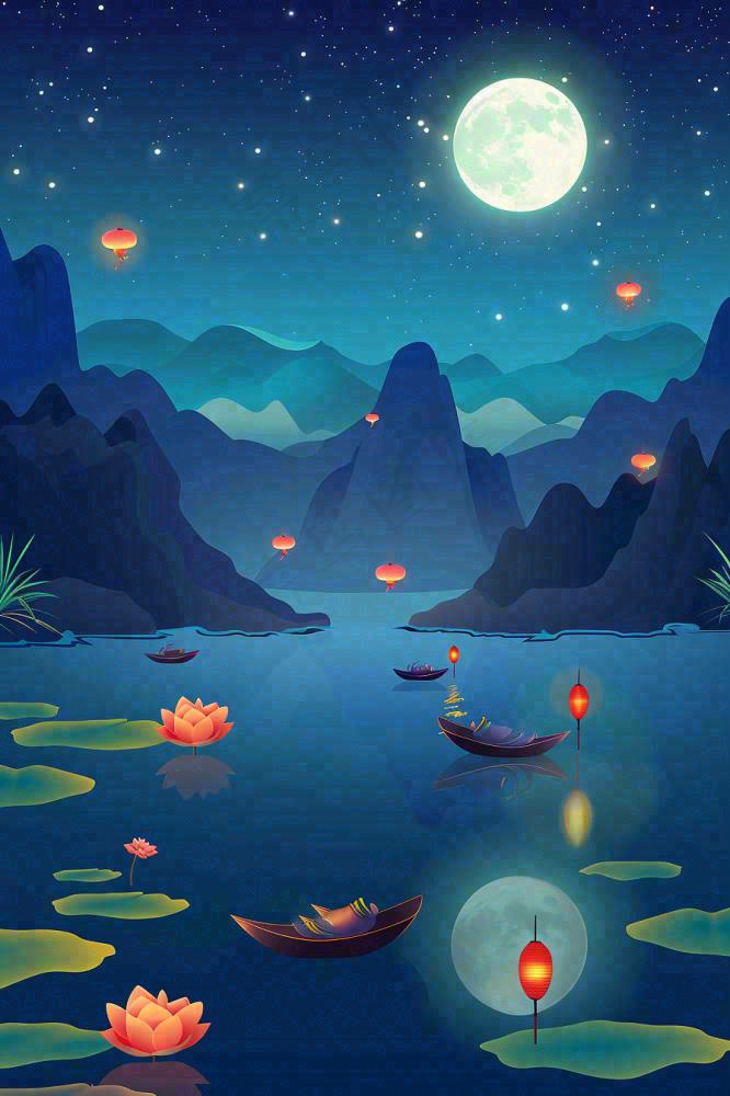 月圆之夜湖面莲花灯祈福星空中秋中元节插画背景