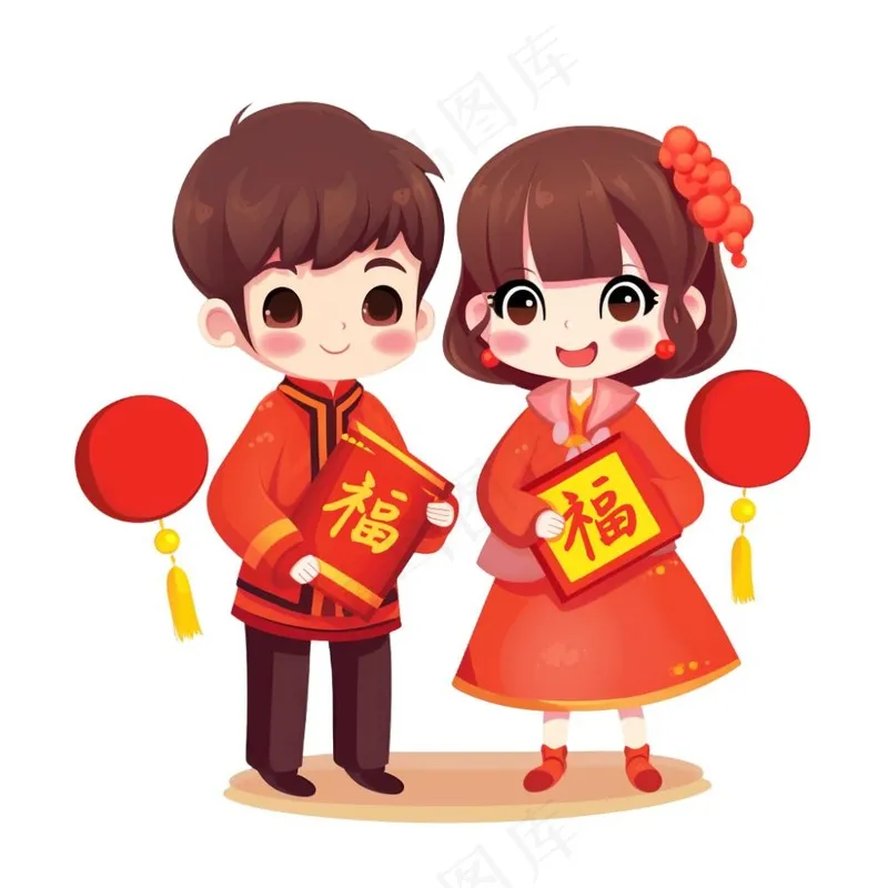 新年春节儿童红色福贴纸节日喜庆恭祝新年卡通插画免抠(1024x1024)