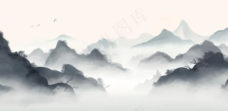 山水水墨画云层山峰中国风插画背景(1568x768)