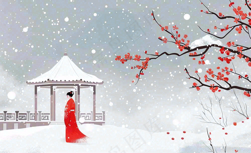 古风冬天雪景红衣女孩梅花雪地里的凉亭大雪小雪冬至中国风插画背景(1408x864)