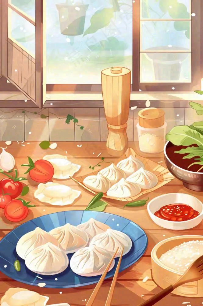 中国传统美食饺子蘸料冬天节日冬至插画背景(896x1344)