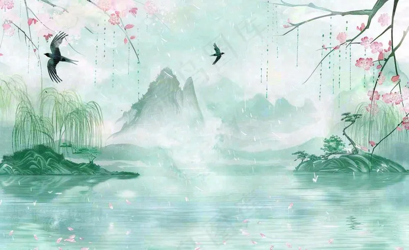 春天桃花柳树燕子清明山水国画中国风古风水雨水谷雨背景(1408x864)