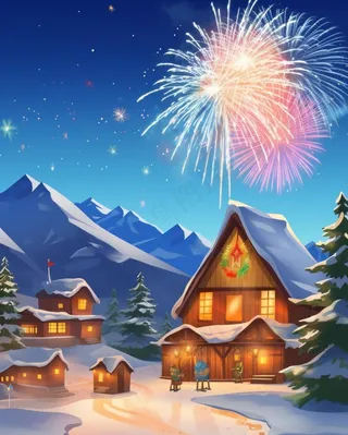 冬季雪天圣诞小镇烟花夜晚节日氛围卡通插画背景