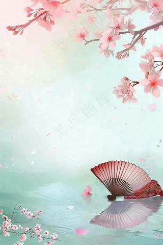 绿色清新春天唯美樱花扇子水彩插画背景