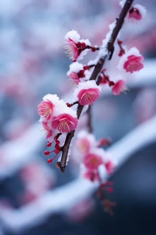 冬季梅花白雪覆盖红梅花摄影图