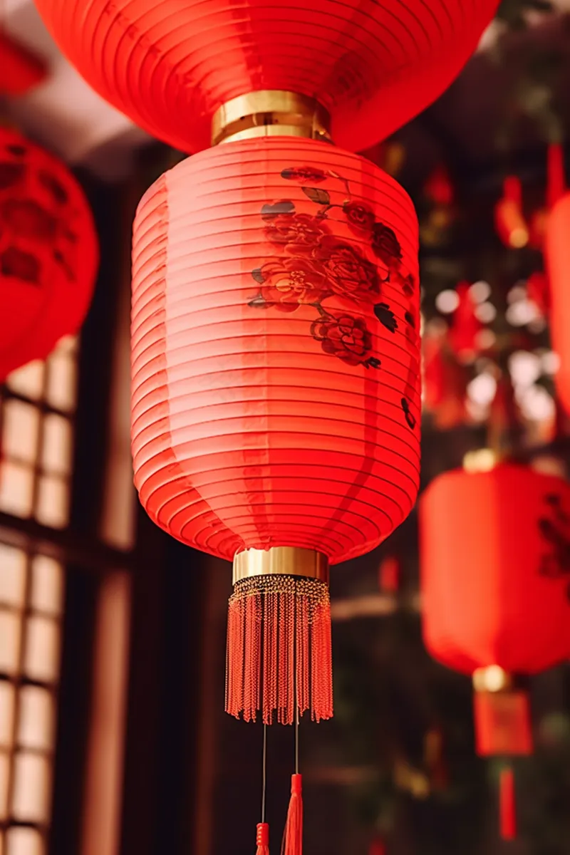 红灯笼新年屋檐挂着点亮的红灯笼中国风摄影图(2688x4032)