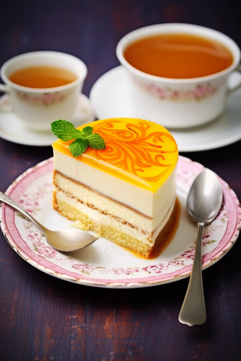 芒果慕斯蛋糕薄荷下午茶摄影图