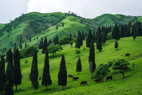 春天草甸山峦树木草地摄影图 春天草甸山峦树木草地摄影图