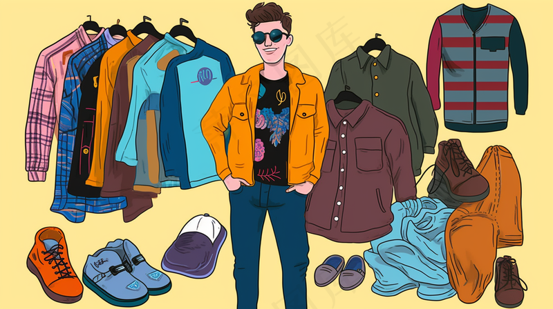 男士穿搭时尚卡通插画背景