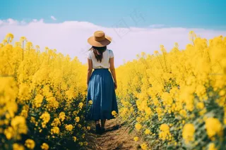 春天油菜花田女孩背景摄影图