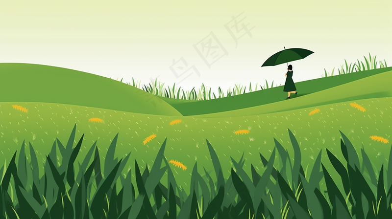 春天草坪万物生长新芽绿色卡通插画背景(4368x2448)