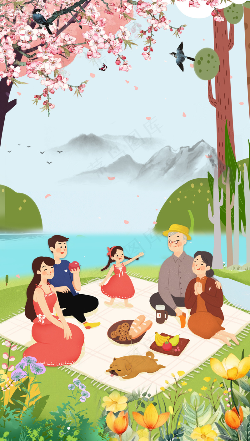 夏天露营郊游全家福合影插画psd模版下载