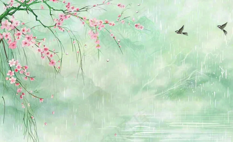 清明节春天桃花柳树燕子山水中国风古风雨水谷雨水墨插画背景(1408x864)