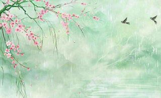 清明节春天桃花柳树燕子山水中国风古风雨水谷雨水墨插画背景
