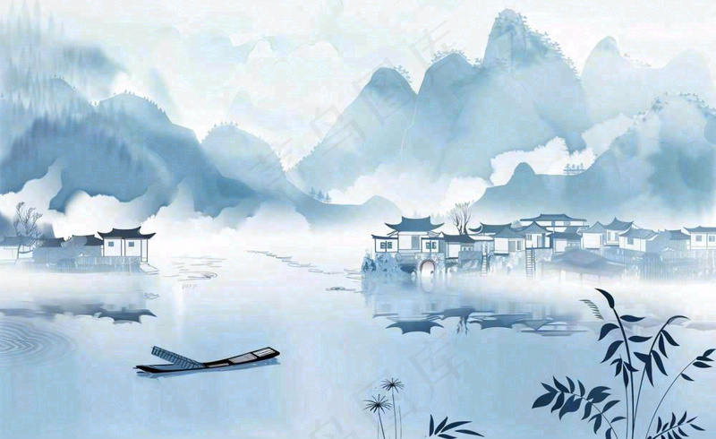 水墨山水江南水乡屋檐白露寒露冷清插画背景(1408x864)