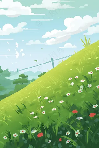 春天草坪草原绿叶花丛蓝天白云卡通插画背景