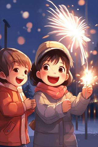 新年除夕放烟花爆竹的孩童庆祝新年喜庆卡通插画背景