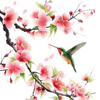 春天桃花树枝小鸟插画免抠