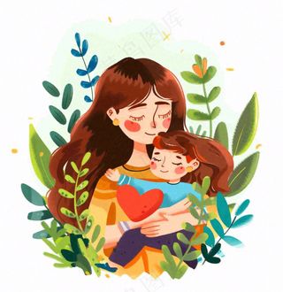 妈妈抱着孩子母亲花草环抱亲情卡通插画免抠