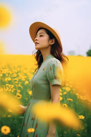 雏菊黄色花田的美女人像摄影摄影图