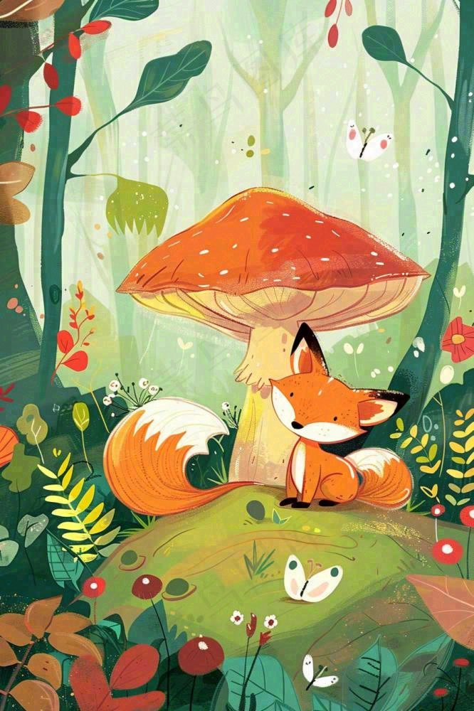 森林里的可爱狐狸在红蘑菇下玩耍唯美插画惊蛰处暑背景