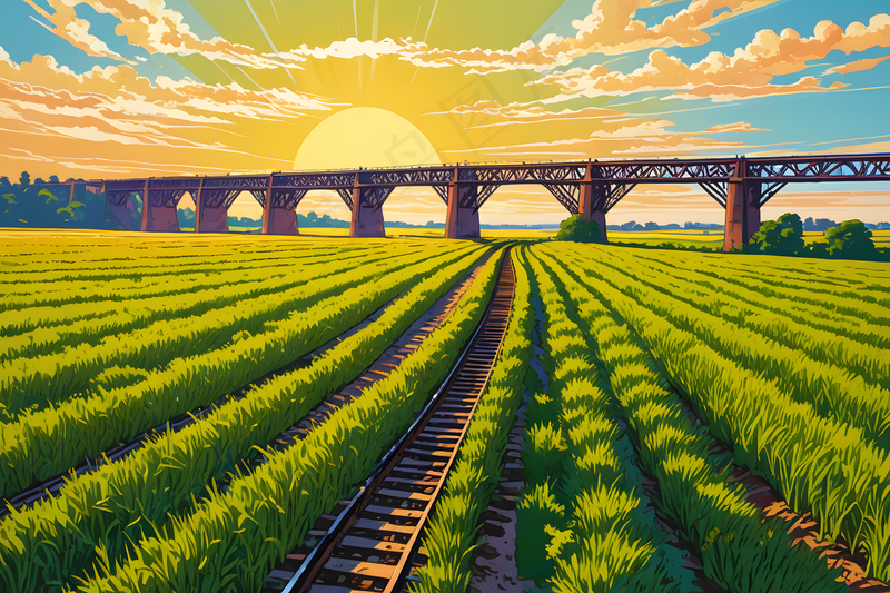 晴朗天气下一条铁路桥麦田图片