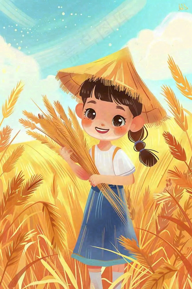 秋收麦田里抱着麦穗的女孩农民芒种立秋秋分卡通插画背景(896x1344)