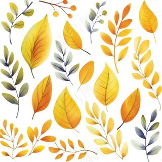 秋天落叶黄叶水彩画卡通插画免抠