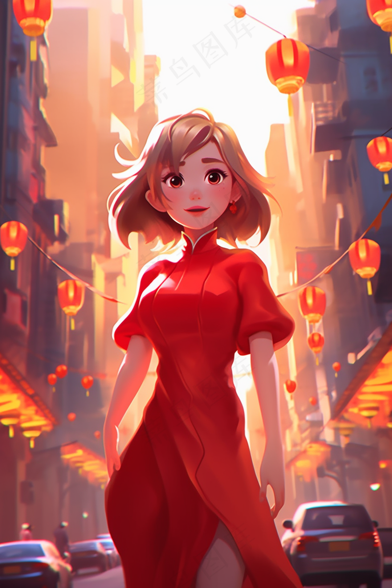 新年春节红色中式旗袍的女孩张灯结彩喜庆卡通插画插图背景(2688x4032)