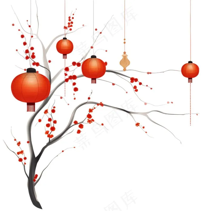 新年梅花枝条挂红灯笼喜庆红色卡通插画免抠(1024x1024)